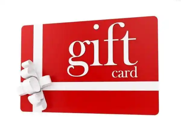 Red gift card with white ribbon and bow, text 'gift card'.